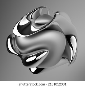 3d render abstract art and surreal 3d organic alien ball liquid substance in curve wavy smooth   soft bio forms in matte aluminium metal material and glossy silver parts grey background