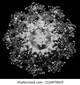 3d Render Of Abstract Art With Surreal Black And White Monochrome Alien Flower Based On Small Meta Balls Particles In Fractal Symmetry Structure In Rotation Transformation Process With Black Lines 