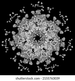 3d Render Of Abstract Art With Surreal Black And White Monochrome Alien Flower Based On Small Meta Balls Particles In Fractal Symmetry Structure In Rotation Transformation Process With Black Lines 