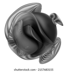 3d render of abstract art with surreal 3d organic alien ball or liquid substance in curve wavy smooth and soft bio forms in matte rubber material with striped parts on white background