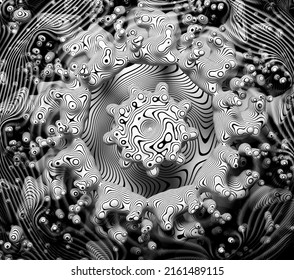 3d Render Of Abstract Art With Surreal Black And White Monochrome Alien Flower Based On Small Meta Balls Particles In Fractal Symmetry Structure In Rotation Transformation Process With Black Lines 