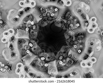 3d Render Of Abstract Art With Surreal Black And White Monochrome Alien Flower Based On Small Meta Balls Particles In Fractal Symmetry Structure In Rotation Transformation Process With Black Lines 