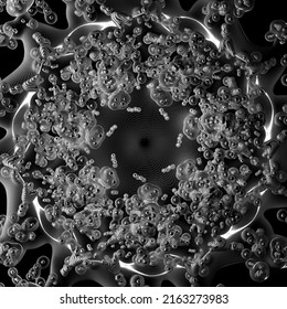 3d Render Of Abstract Art With Surreal Black And White Monochrome Alien Flower Based On Small Meta Balls Particles In Fractal Symmetry Structure In Rotation Transformation Process With Black Lines 