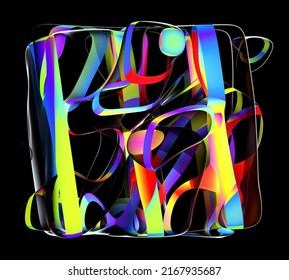 3d render abstract art and surreal plastic cube square shape sculpture in curve wavy elegance lines forms and neon glowing stripes in rainbow gradient mix color isolated black background