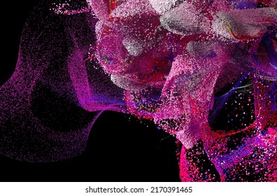 3d Render Of Abstract Art Surreal Fantasy 3d Background With Explosion Small Balls Spheres Or Bubbles Sand Powder Particles In Red White Pink Gradient Color On Black