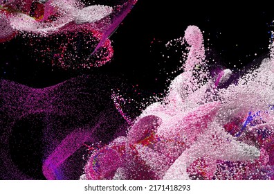 3d Render Of Abstract Art Surreal Fantasy 3d Background With Explosion Small Balls Spheres Or Bubbles Sand Powder Particles In Red White Pink Gradient Color On Black