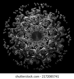 3d Render Of Abstract Art With Surreal Black And White Monochrome Alien Flower Based On Small Meta Balls Particles In Fractal Symmetry Structure In Rotation Transformation Process With Black Lines 