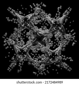 3d Render Of Abstract Art With Surreal Black And White Monochrome Alien Flower Based On Small Meta Balls Particles In Fractal Symmetry Structure In Rotation Transformation Process With Black Lines 