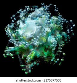 3d Render Of Abstract Art With Surreal Alien Flower Organism Based On Small Meta Balls Particles In Fractal Symmetry Structure In Rotation Transformation Process In Emerald Green Gradient Color 