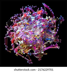 3d Render Of Abstract Art With Surreal Alien Flower Organism Based On Small Meta Balls Particles In Fractal Symmetry Structure In Rotation Transformation Process In Pink Purple Yellow Gradient Color 