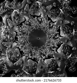 3d Render Of Abstract Art With Surreal Black And White Monochrome Alien Flower Based On Small Meta Balls Particles In Fractal Symmetry Structure In Rotation Transformation Process With Black Lines 