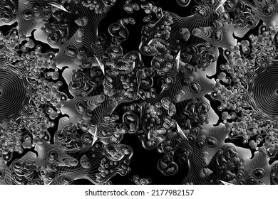 3d Render Of Abstract Art With Surreal Black And White Monochrome Alien Flower Based On Small Meta Balls Particles In Fractal Symmetry Structure In Rotation Transformation Process With Black Lines 