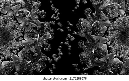 3d Render Of Abstract Art With Surreal Black And White Monochrome Alien Flower Based On Small Meta Balls Particles In Fractal Symmetry Structure In Rotation Transformation Process With Black Lines 