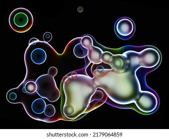 3d render abstract art surreal smooth and round substance based on meta balls spheres or bubbles in matte plastic material in blue purple green and yellow gradient color with fluorescent glow effect