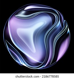 3d Render Of Abstract Art Of Surreal 3d Ball Or Sphere In Curve Wavy Round And Spherical Lines Forms In Transparent Plastic Material With Glowing Purple Blue And Violet Color Core On Black Background