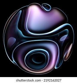 3d Render Of Abstract Art Of Surreal 3d Ball Or Sphere In Curve Wavy Round And Spherical Lines Forms In Transparent Plastic Material With Glowing Purple Rose And Violet Color Core On Black Background