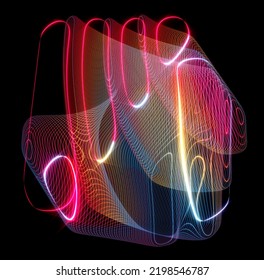 3d Render Abstract Art With Surreal Plasma Cube Deformation Process Based On Curve Wavy Parallel Round Glowing Neon Glowing Laser Lines On Surface In Rainbow Gradient Color On Black Background