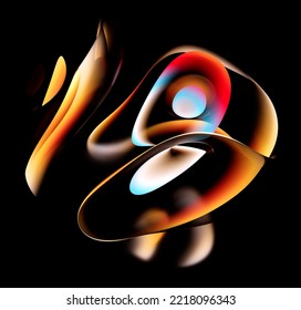 3d Render Of Abstract Art With Surreal Alien Flower In Spherical Lines Forms With Glowing Wavy Round Elements In Yellow Blue Red And Orange Gradient Color On Black Background