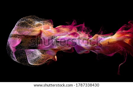 3d render of abstract art with surreal growing explosion smoke cloud splash fluid based on small pink and orange foam balls particles in movement on isolated black background