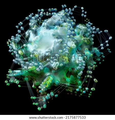 3d render of abstract art with surreal alien flower organism based on small meta balls particles in fractal symmetry structure in rotation transformation process in emerald green gradient color 