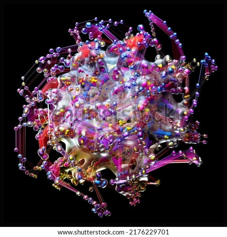 3d render of abstract art with surreal alien flower organism based on small meta balls particles in fractal symmetry structure in rotation transformation process in pink purple yellow gradient color 