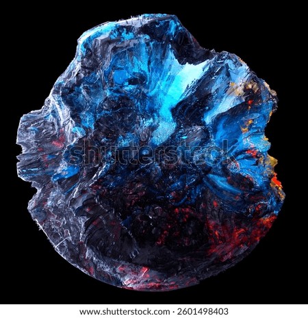 3d render of abstract art of surreal damaged stone metal mineral rock asteroid planet with rough grunge texture with neon glowing red and blue mix color parts on black background