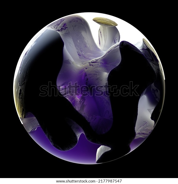 3d render of abstract art of surreal 3d ball or sphere\
planet with rough damaged broken stone rock surface with glowing\
white and purple contrast light inside on isolated black background\
