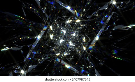 3d render of abstract art with transform rotating fractal diamond crystal alien star flower in curve lines forms in glass material with color dispersion effect on black background based on rectangles