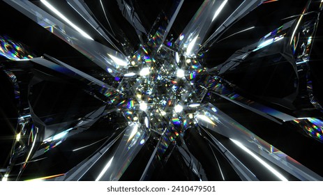 3d render of abstract art with transform rotating fractal diamond crystal alien star flower in curve lines forms in glass material with color dispersion effect on black background based on rectangles