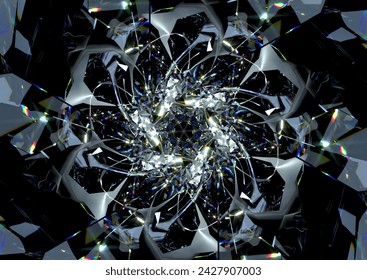 3d render of abstract art with transform rotating fractal diamond crystal alien star flower in curve lines forms in glass material with color dispersion effect on black background based on rectangles