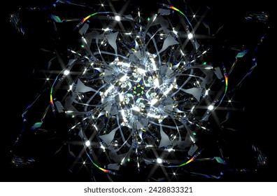 3d render of abstract art with transform rotating fractal diamond crystal alien star flower in curve lines forms in glass material with color dispersion effect on black background based on rectangles