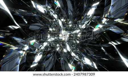 3d render of abstract art with transform rotating fractal diamond crystal alien star flower in curve lines forms in glass material with color dispersion effect on black background based on rectangles