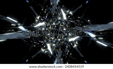 3d render of abstract art with transform rotating fractal diamond crystal alien star flower in curve lines forms in glass material with color dispersion effect on black background based on rectangles
