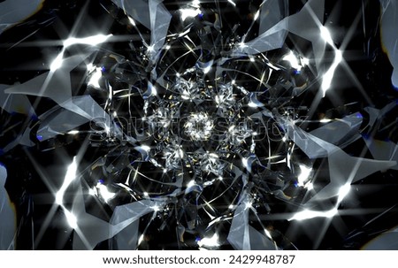 3d render of abstract art with transform rotating fractal diamond crystal alien star flower in curve lines forms in glass material with color dispersion effect on black background based on rectangles
