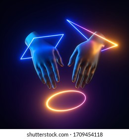 3d render abstract artificial hands with levitating colorful neon light geometric shapes. Human mannequin body parts isolated on black background. Contemporary art. Modern minimal fashion concept