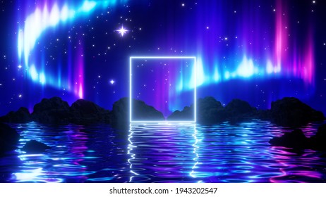 3d Render, Abstract Background With Aurora Borealis. Northern Lights In Polar Night Sky Above The Mystical Landscape. Natural Phenomenon And Neon Glowing Square Frame