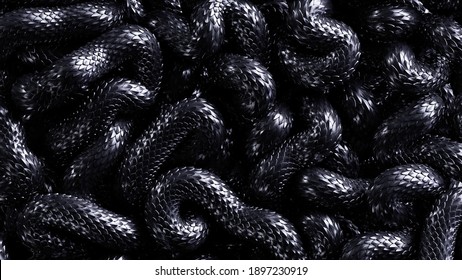 3d Render, Abstract Background With Black Snake With Metallic Scales Texture