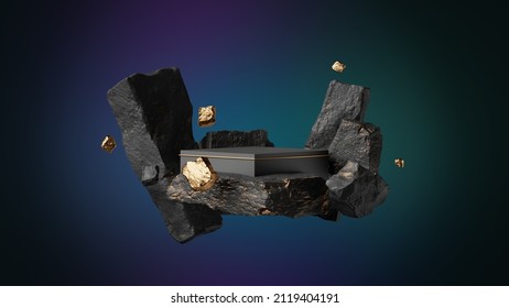 3d Render, Abstract Background With Black Rocks Cobblestone Debris And Golden Nuggets Levitating, Isolated On Blue Violet Background. Modern Showcase With Empty Square Podium For Product Presentation