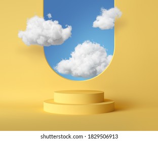3d render, abstract background with blue sky inside the window on the yellow wall. White clouds fly inside the room with vacant podium. Blank showcase mockup with empty round stage
