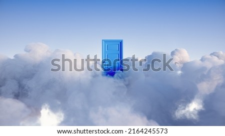 3d render, abstract background, blue closed door in the sky with white clouds, heaven afterlife concept