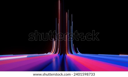 3d render. Abstract background of blue punk neon stripes and ribbons ascending. Modern wallpaper