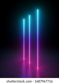 3d render, abstract background with bright neon light. Pink blue violet vertical glowing lines. Laser rays in the dark. Futuristic minimal geometric design. Ultraviolet spectrum.