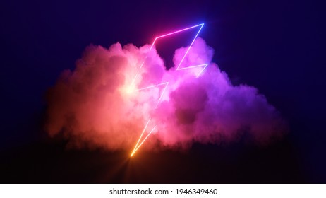 3d render  abstract background and cloud   neon lightning sign in the night sky  Stormy cumulus and glowing geometric shape