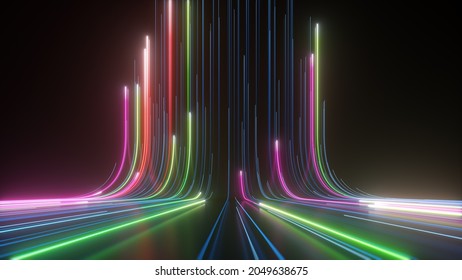 3d render, abstract background with colorful neon lines going up, virtual reality wallpaper with laser rays