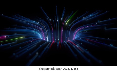 3d Render, Abstract Background With Colorful Neon Lines Going To Gravity Well, Cosmic Wormhole, Virtual Reality Wallpaper