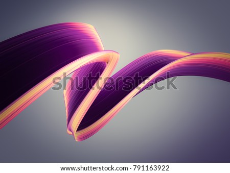 3D render abstract background. Colorful twisted shapes in motion. Computer generated digital art for poster, flyer, banner background or design element. Holographic foil ribbon on dark background.