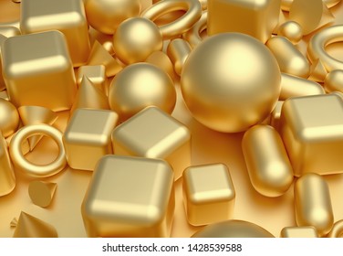 3d Render Of Abstract 3d Background Of Composition With Simple Geometry Figures As Cube Sphere Cone Tours And Capsule In Gold Mate Material