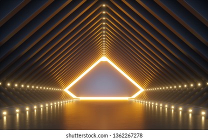 3d render, abstract background, corridor, tunnel, virtual reality space, yellow neon lights, fashion podium, club interior, empty warehouse, floor reflection
