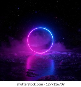 3d render, abstract background, cosmic landscape, round portal, pink blue neon light, virtual reality, energy source, glowing round frame, dark space, ultraviolet spectrum, laser ring, fog, ground