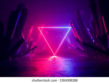 3d render, abstract background, cosmic landscape, triangular portal, pink blue neon light, virtual reality, energy source, glowing quad, dark space, ultraviolet spectrum, laser triangle, rocks, ground